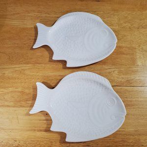 Secla Portugal White Embossed Design Fish Plates Set of 2